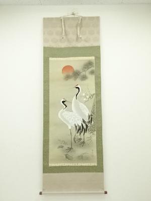 野田雪邨筆　松竹梅鶴亀　肉筆絹本掛軸（共箱）